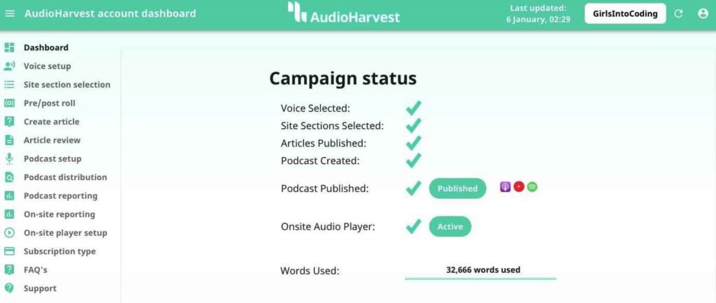 audioharvest dashboard