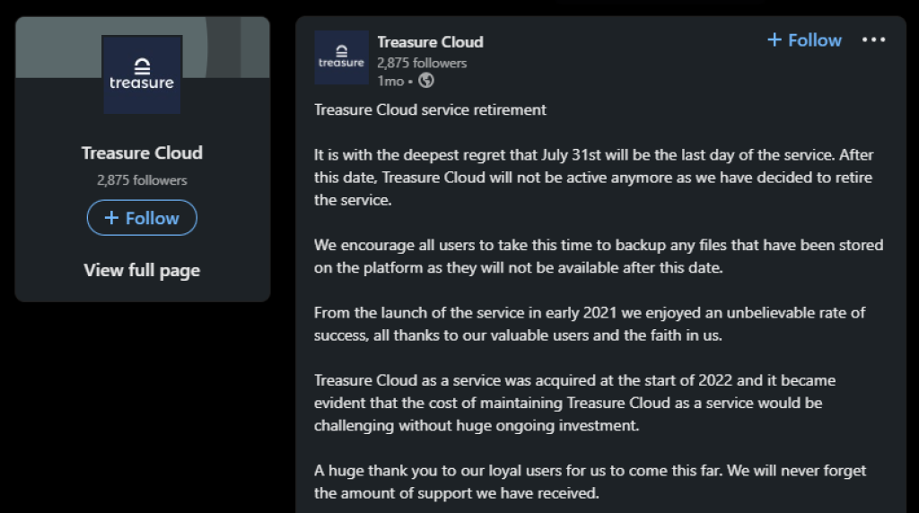 Treasure Cloud Shut Down