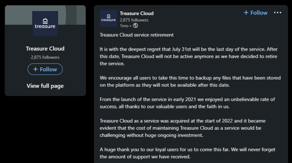 treasure cloud shut down