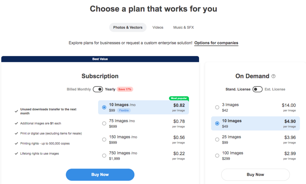 annual pricing plan for photos and vectors