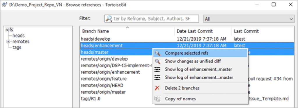 comparing branches and revisions